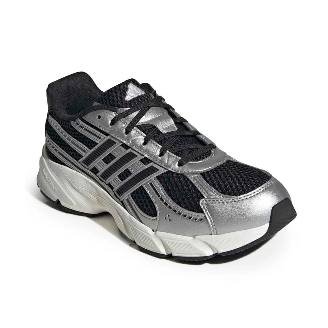 Tênis Adidas Technochaos 2000 Preto Feminino vista frontal e lateral com detalhes prateados